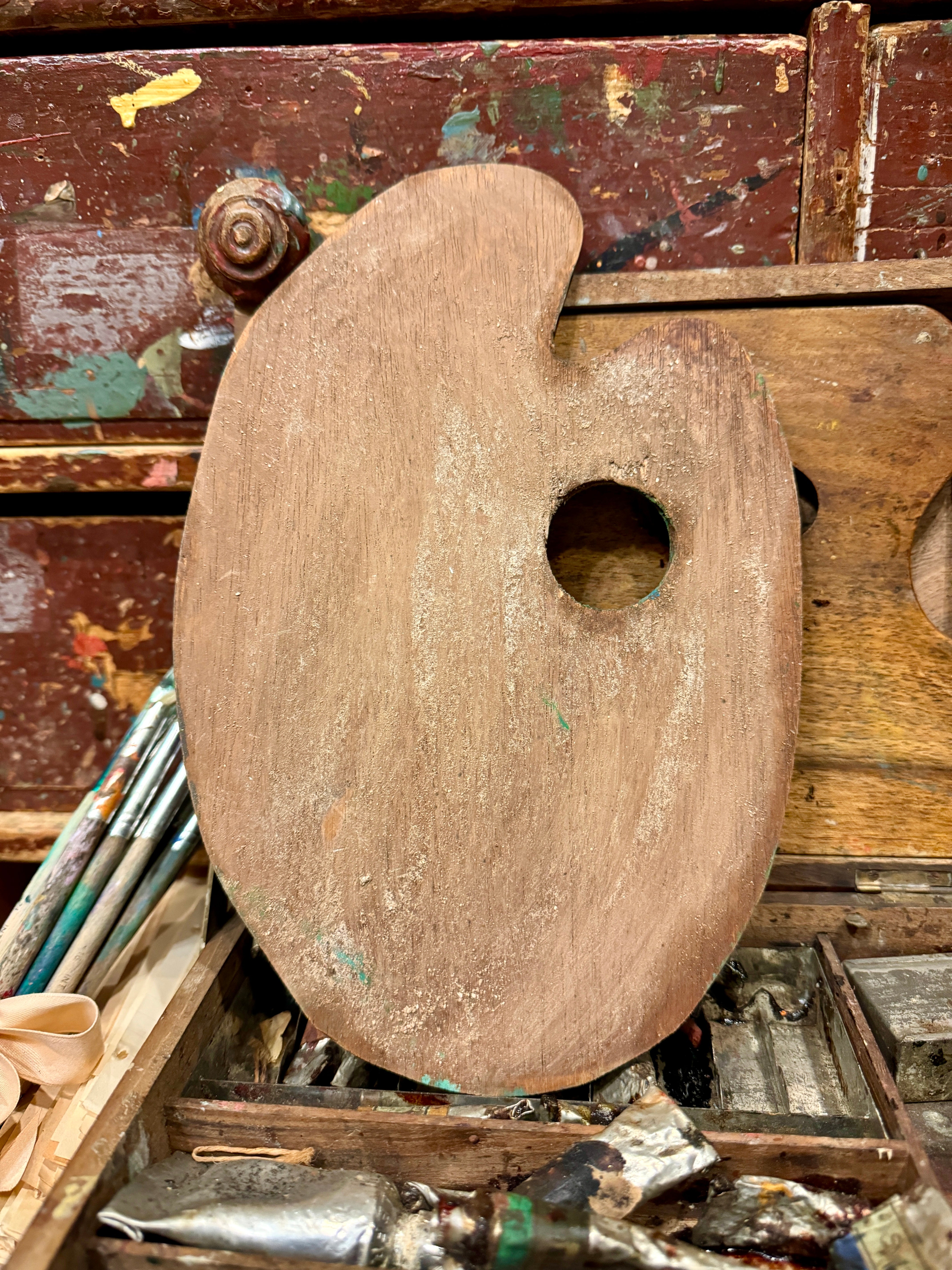 Vintage French Artists Wood Palette with Oil Paint