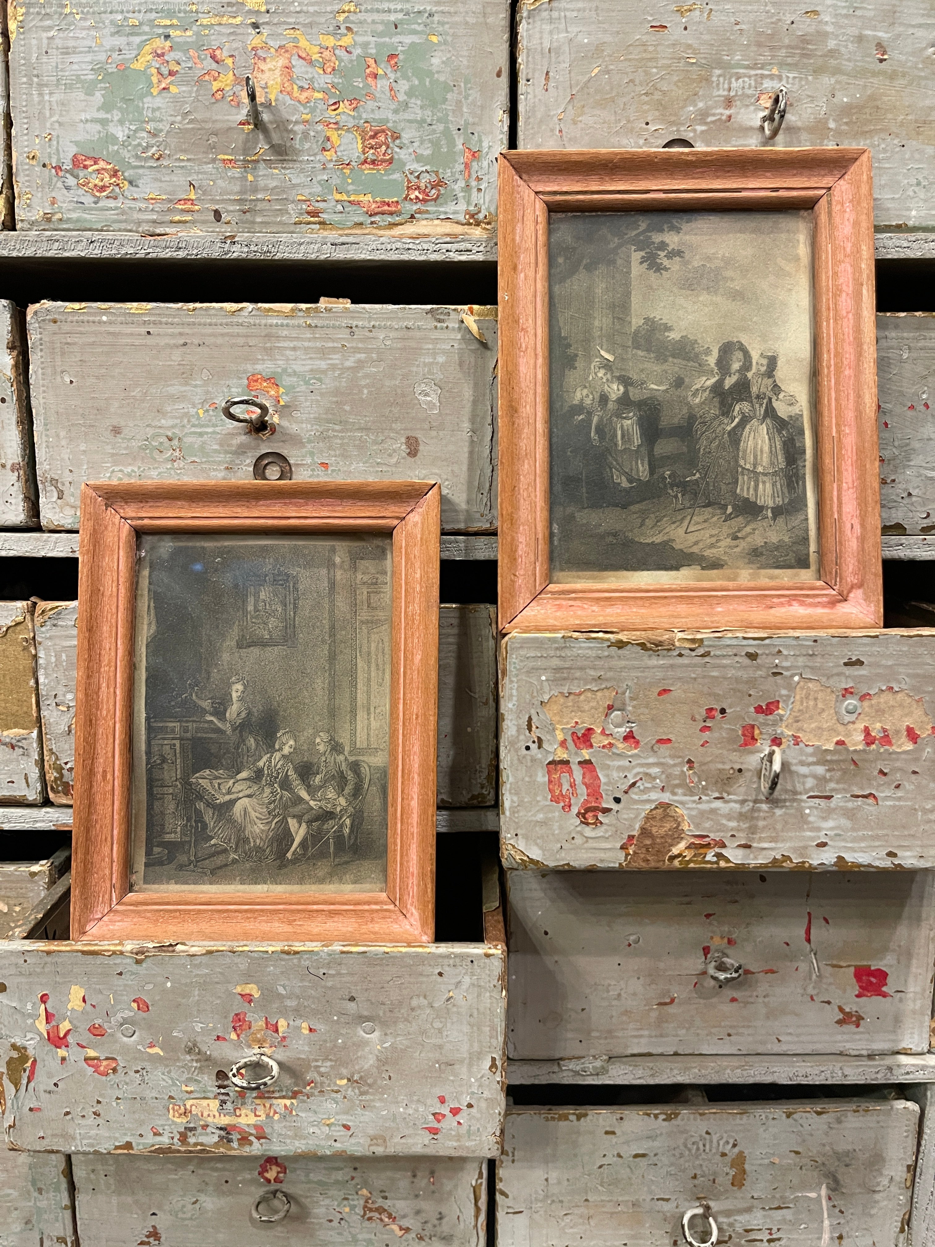 Antique French Miniature Pink Framed Engravings