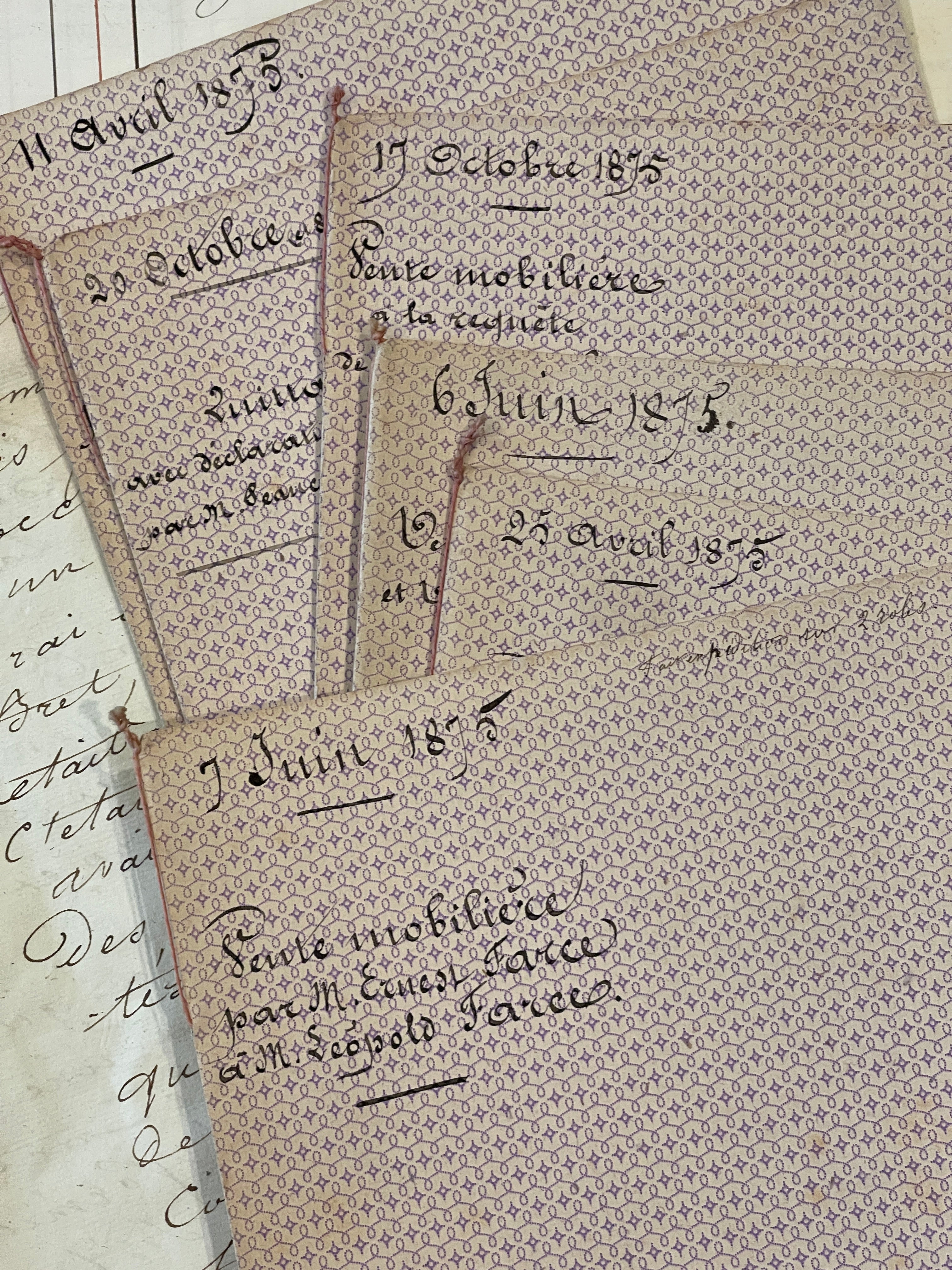 Antique 1870's French Calligraphy Pages in Original Papier Dominote style folders