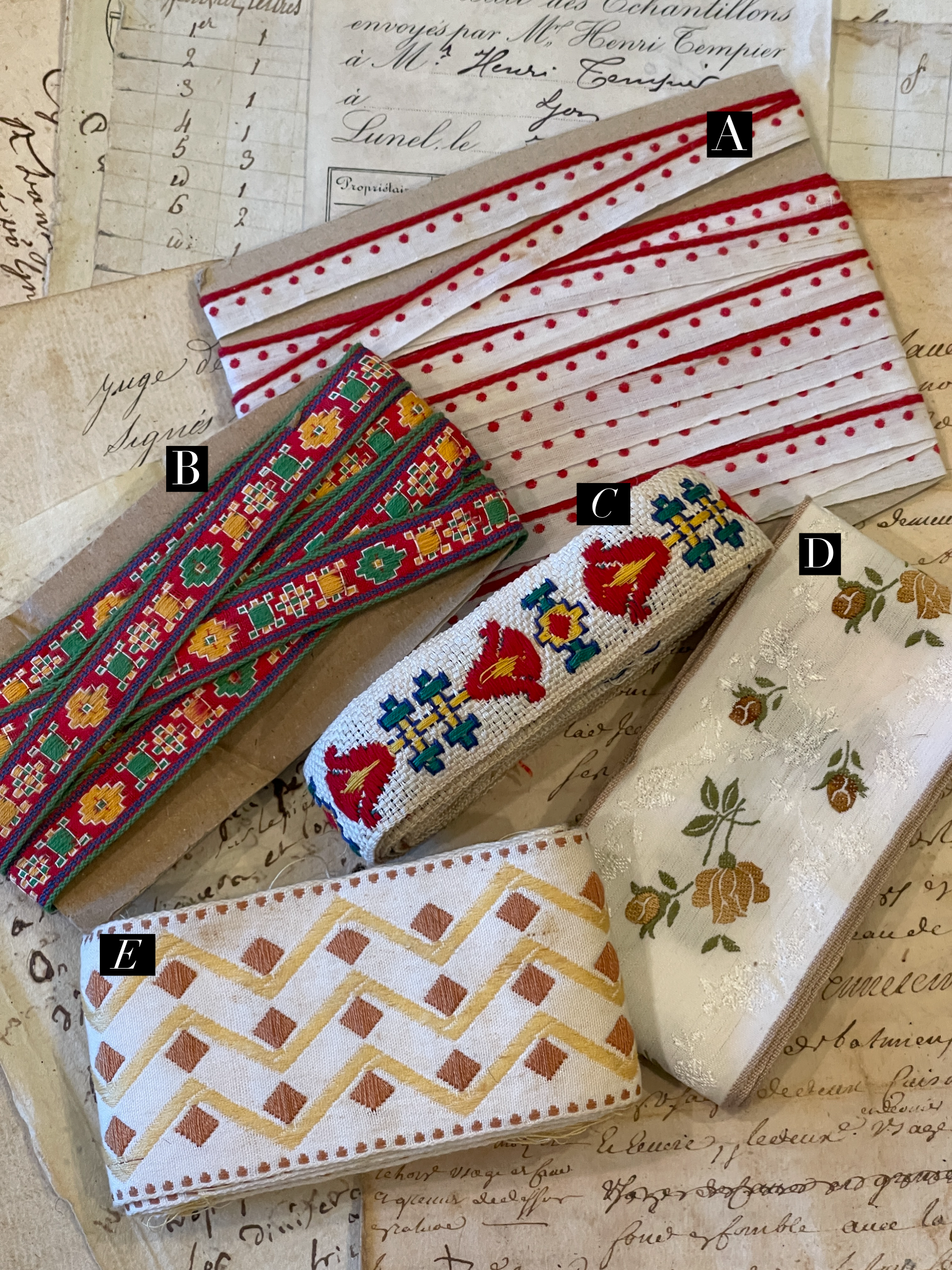 Vintage French Embroidered Red, Yellow & Brown Trims