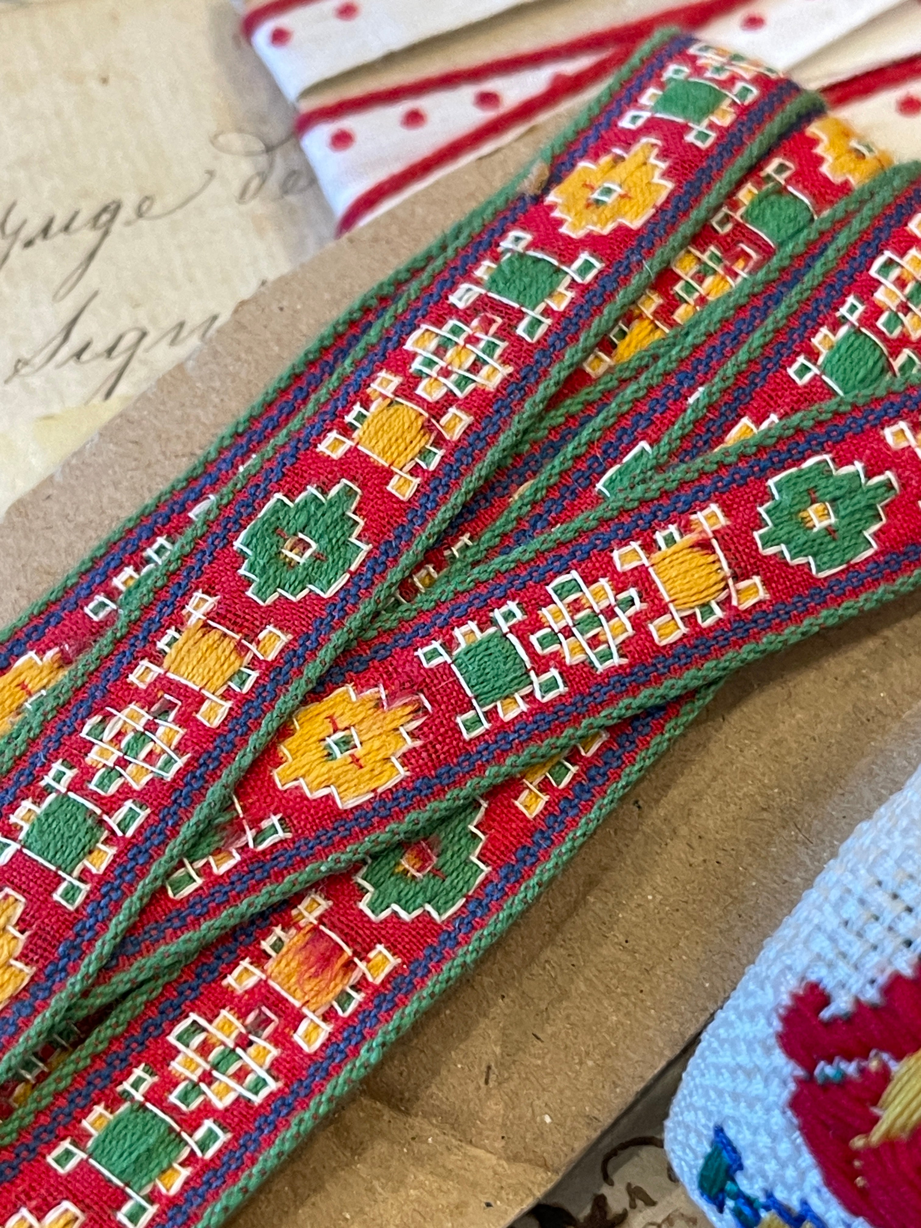 Vintage French Embroidered Red, Yellow & Brown Trims