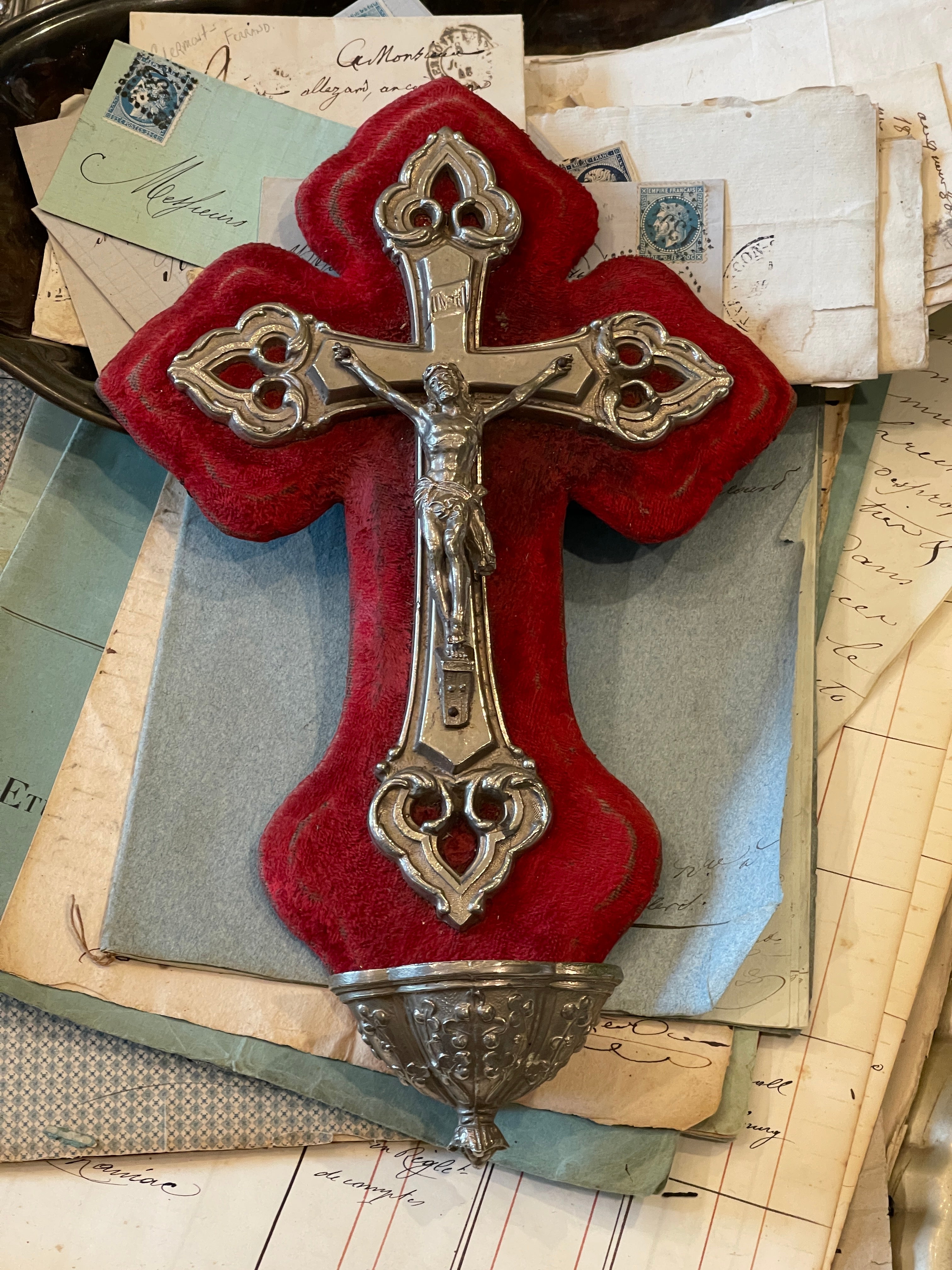 Antique French Crucifix & Holy Water Font - Red Velvet