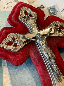 Antique French Crucifix & Holy Water Font - Red Velvet