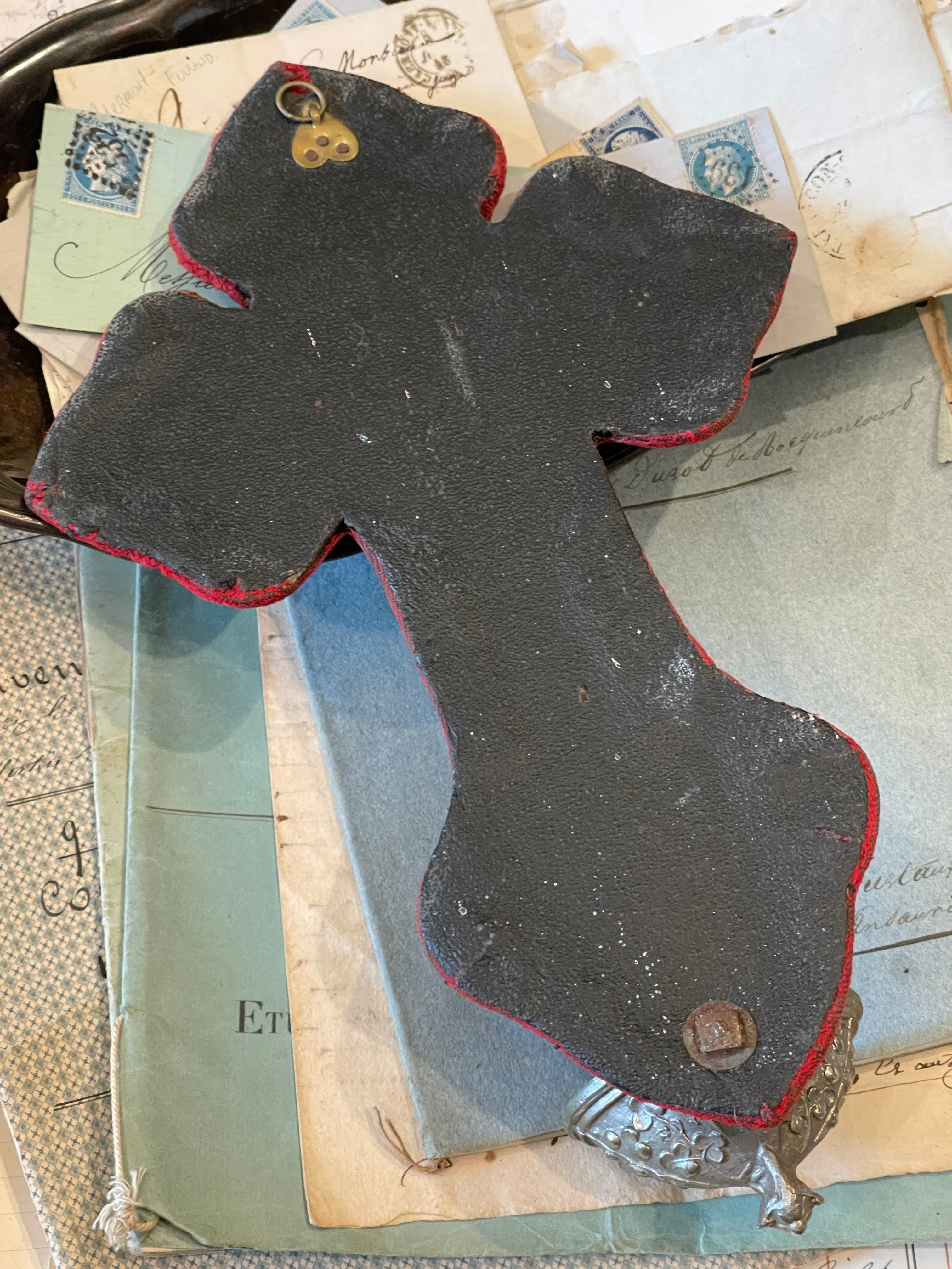 Antique French Crucifix & Holy Water Font - Red Velvet