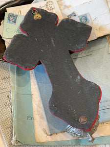 Antique French Crucifix & Holy Water Font - Red Velvet