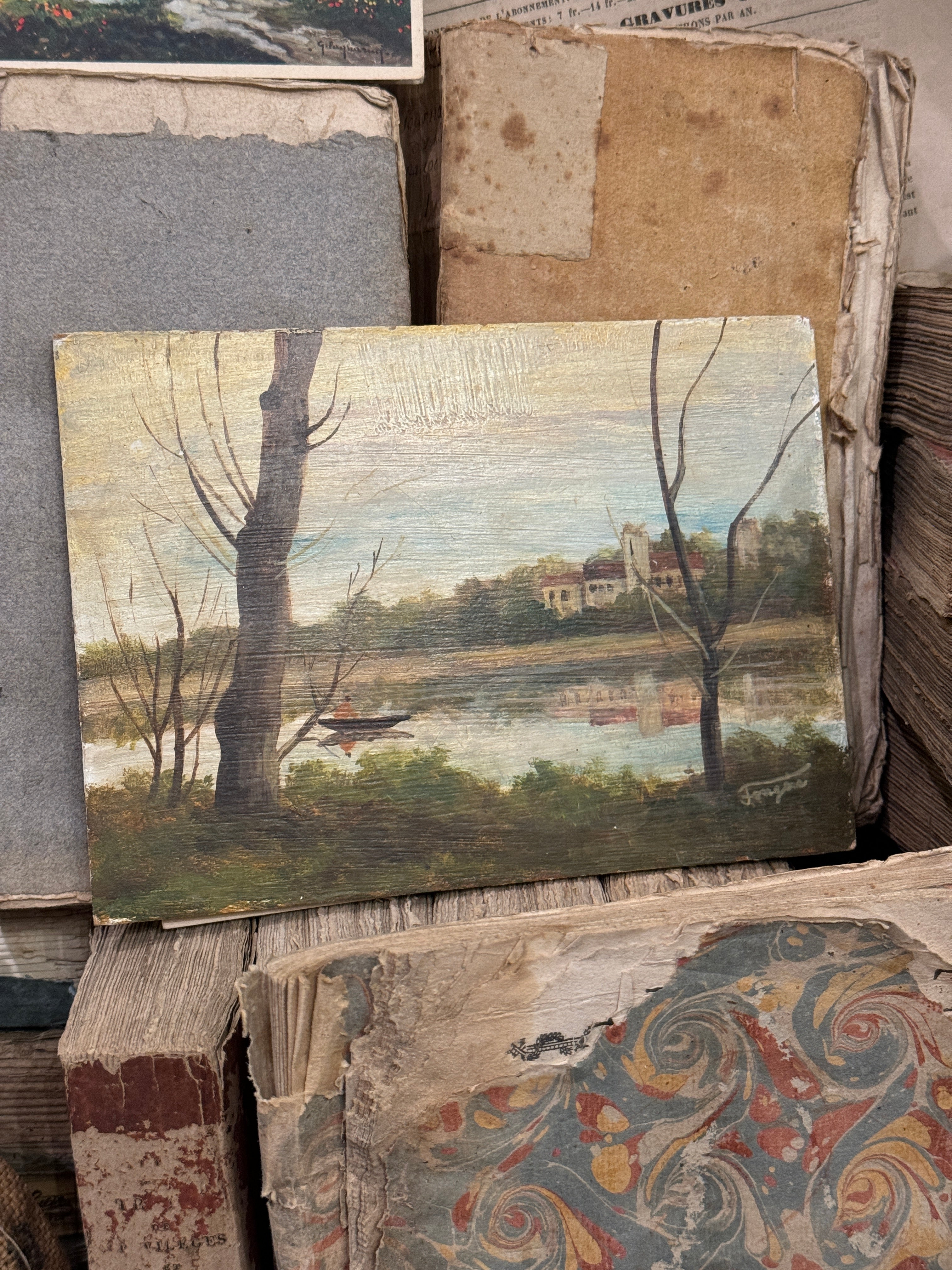 Beautiful French Boat on a Lake Oil Painting