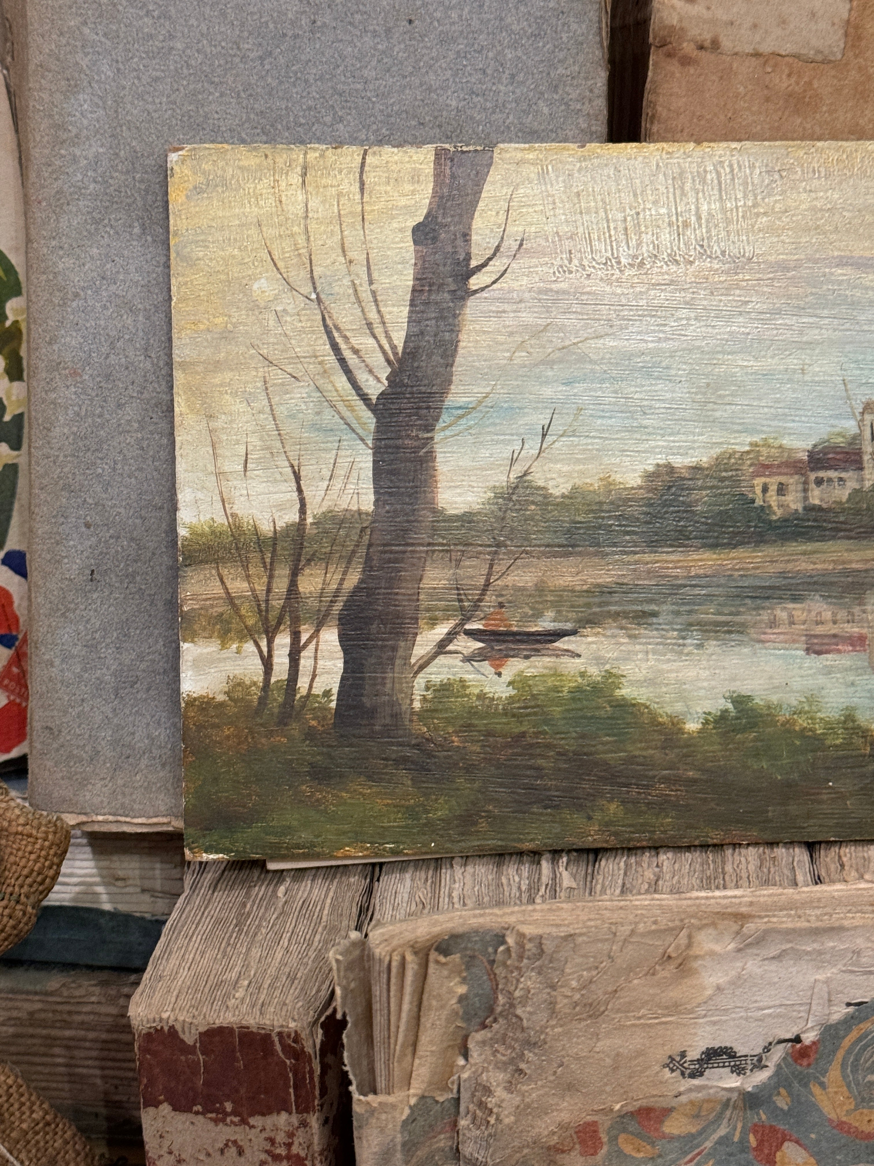 Beautiful French Boat on a Lake Oil Painting