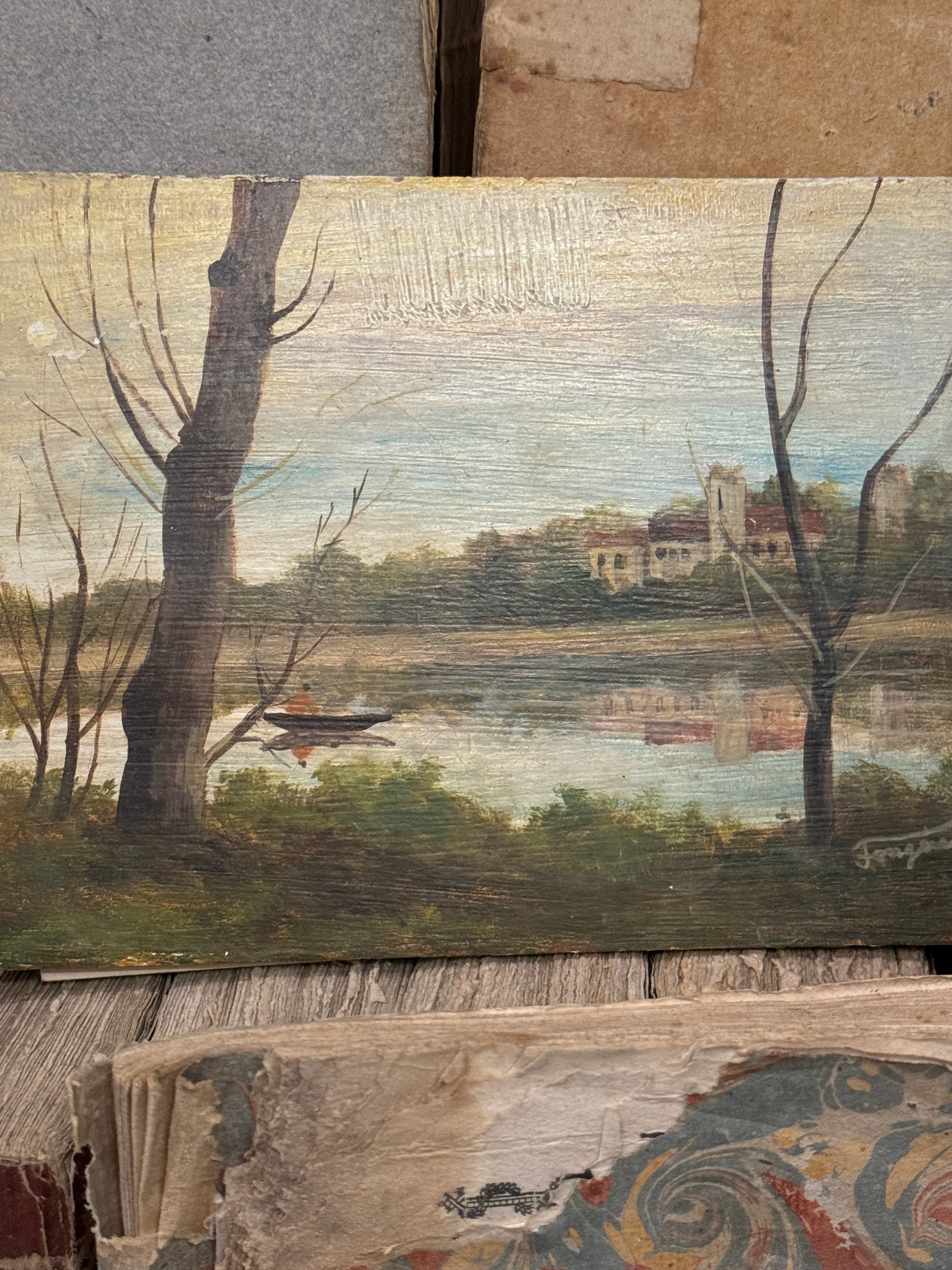 Beautiful French Boat on a Lake Oil Painting