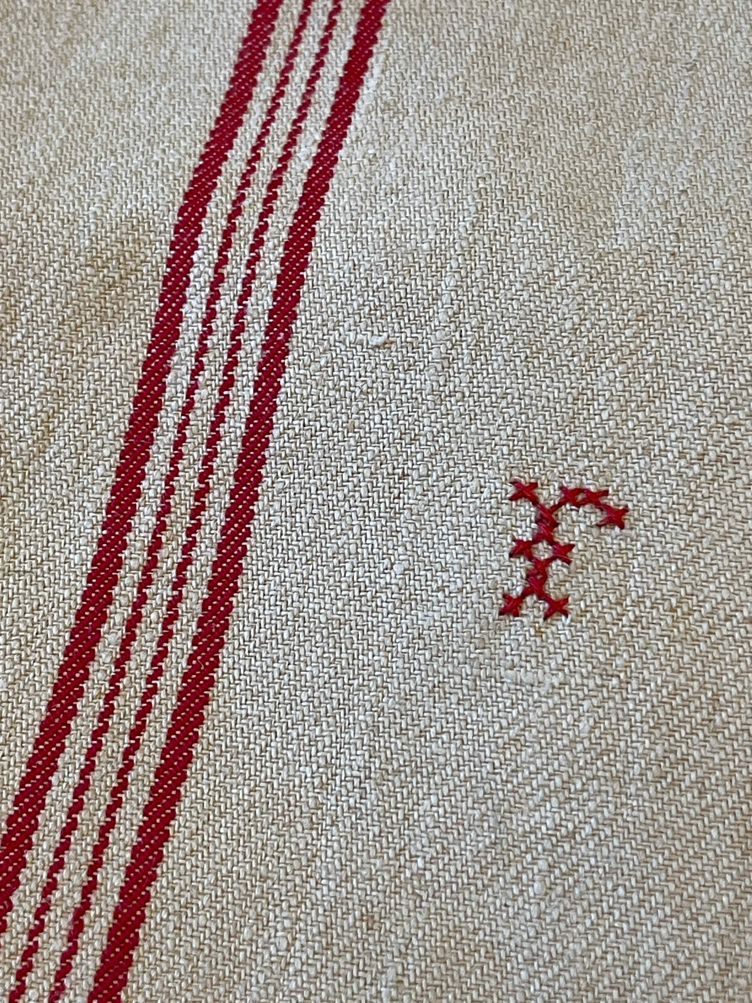 Antique Linen/Hemp Red Striped Torchon from the Farm Stitched F or R