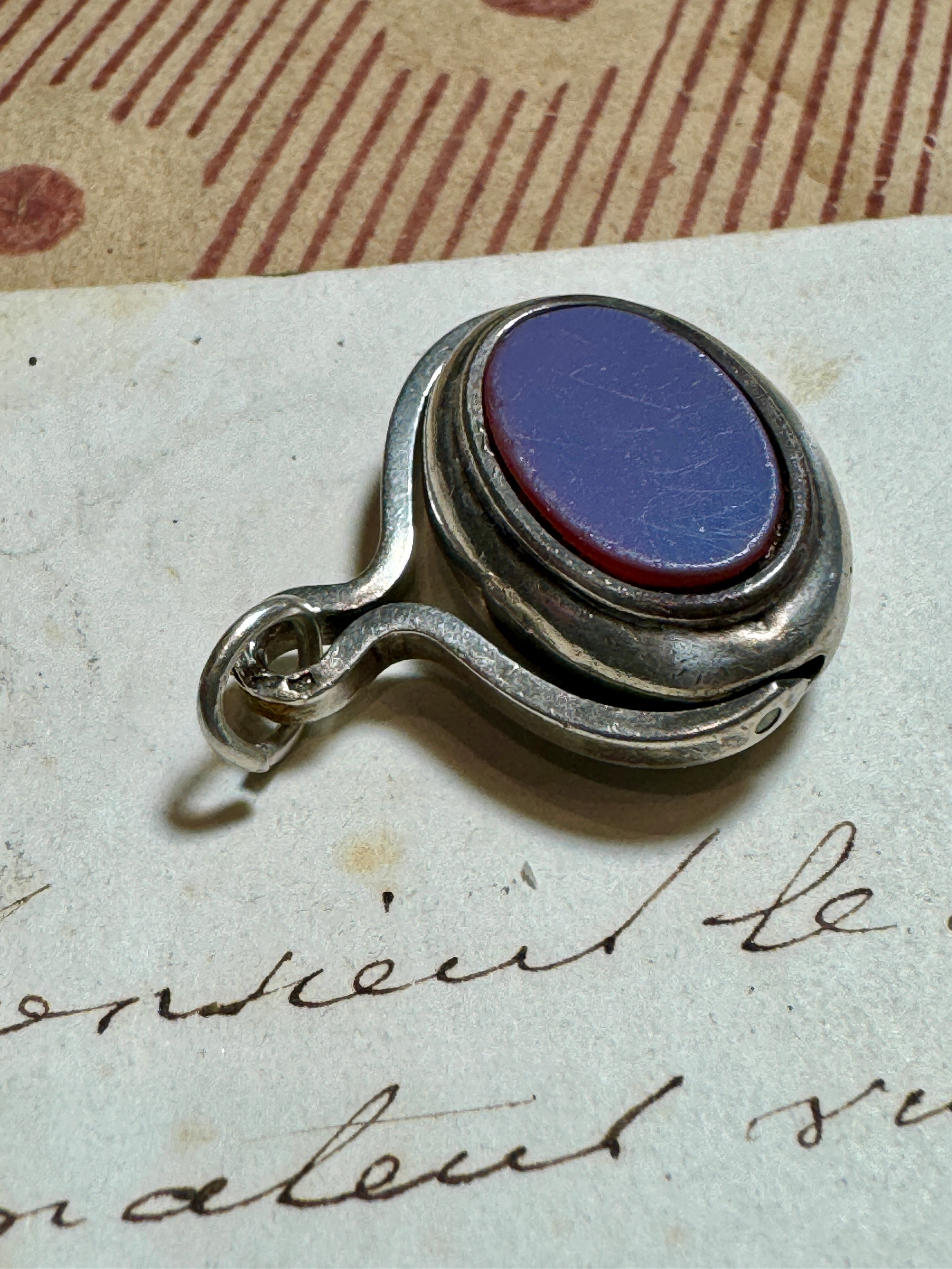 Antique Edwardian Silver Sardonyx Spinning Fob/Seal/Pendant