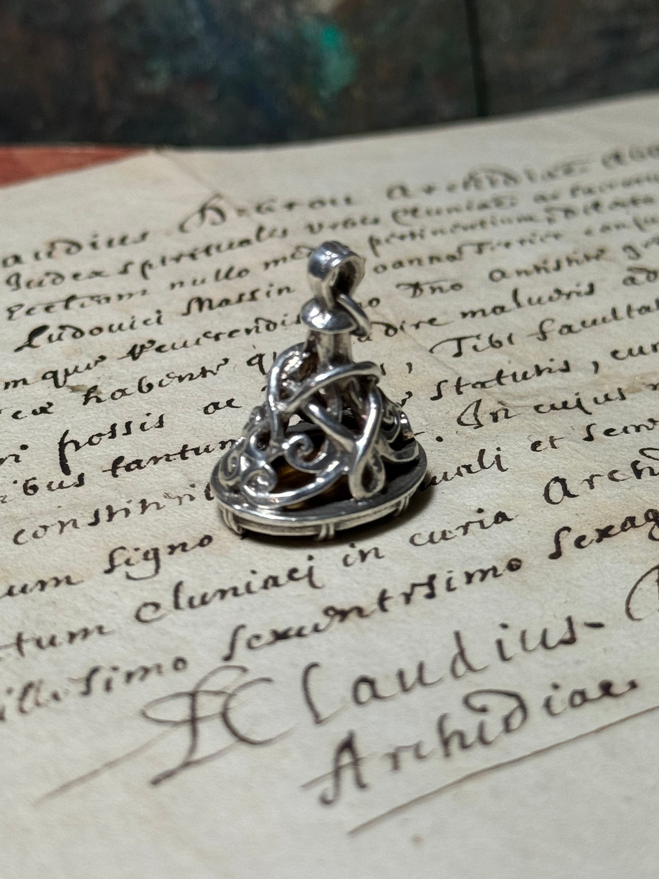 Beautiful Sterling Silver Tiger's Eye Gemstone Fob Seal Pendant