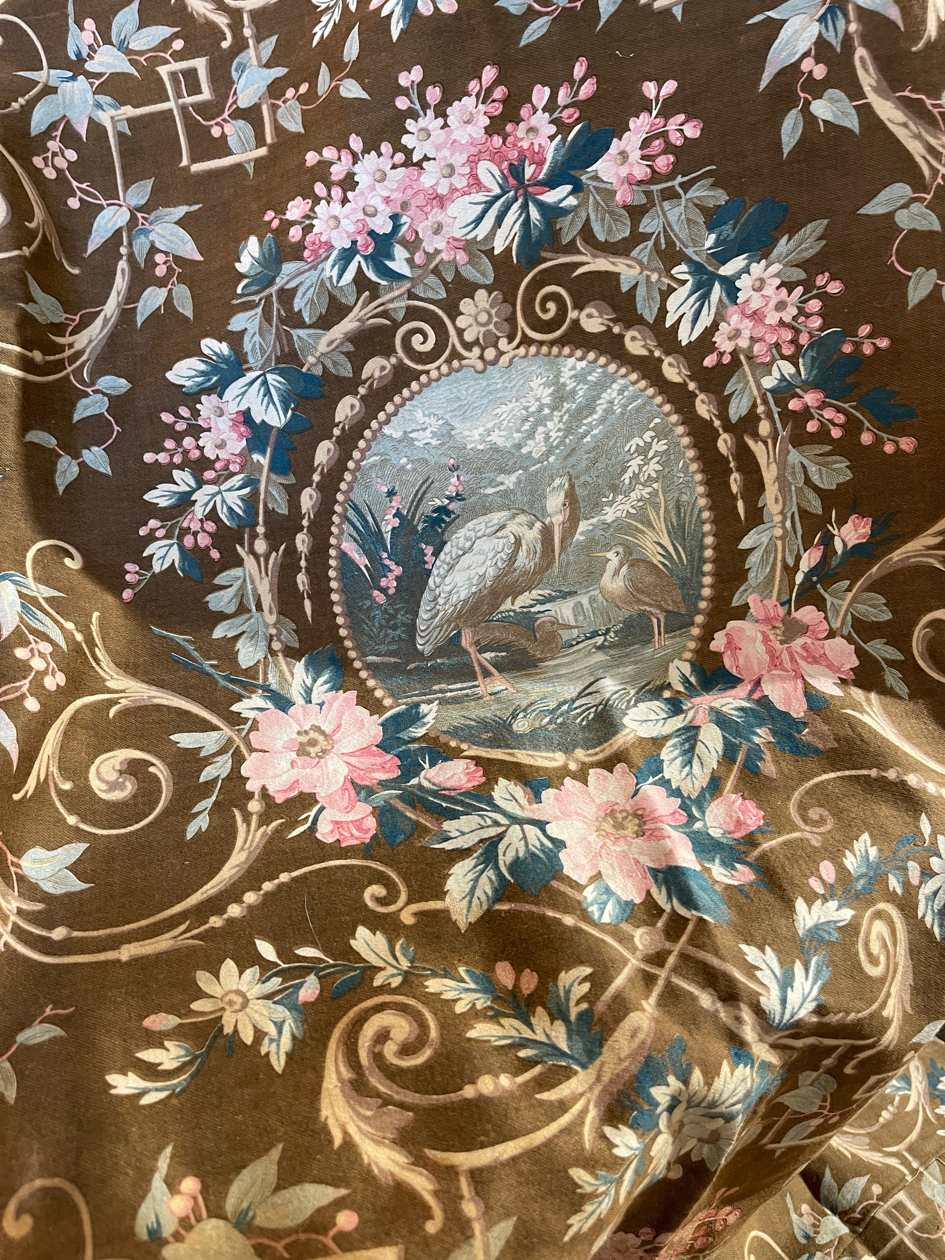 1800's French Storks and Laurel leaf Scroll Fabric
