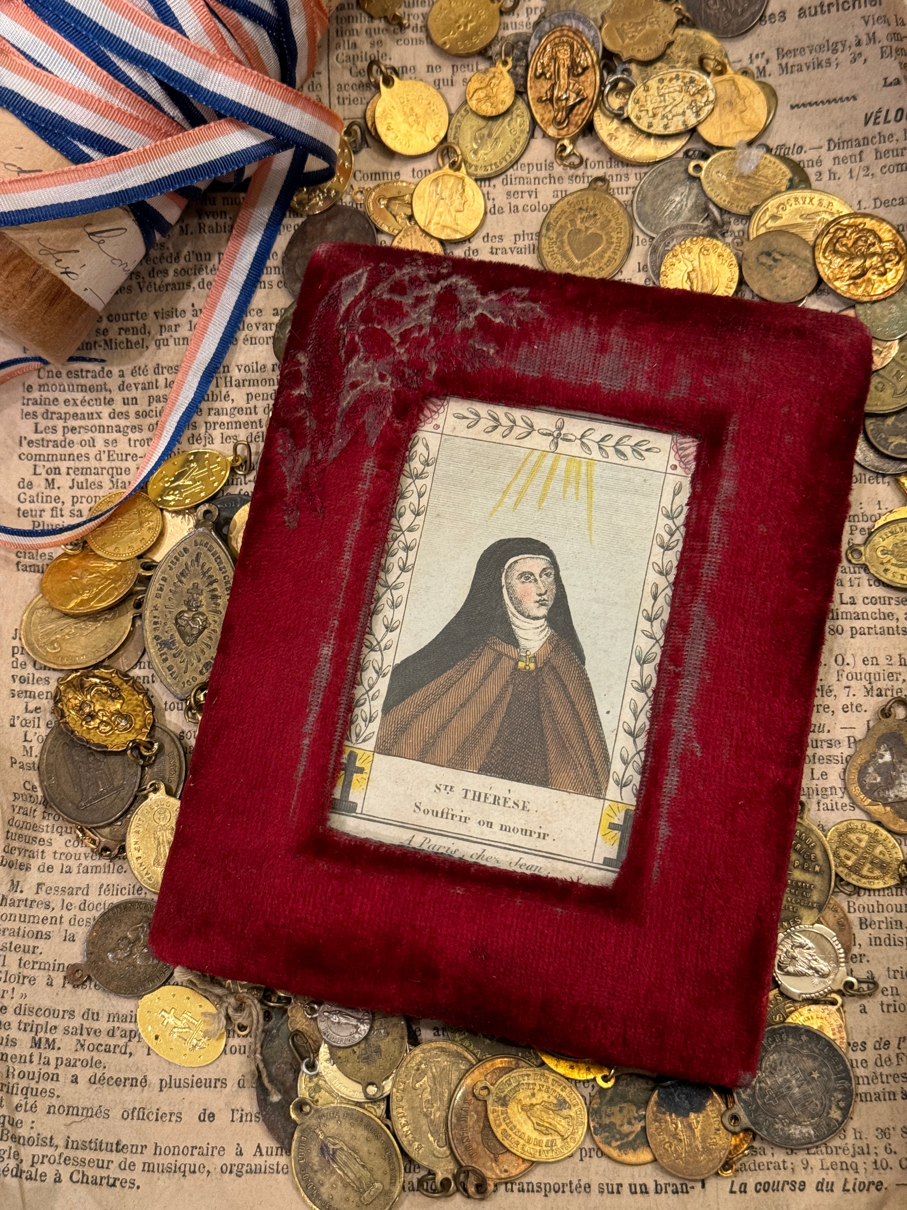 Early 1800s French Religious Icon - STE THERESE in Red Velvet