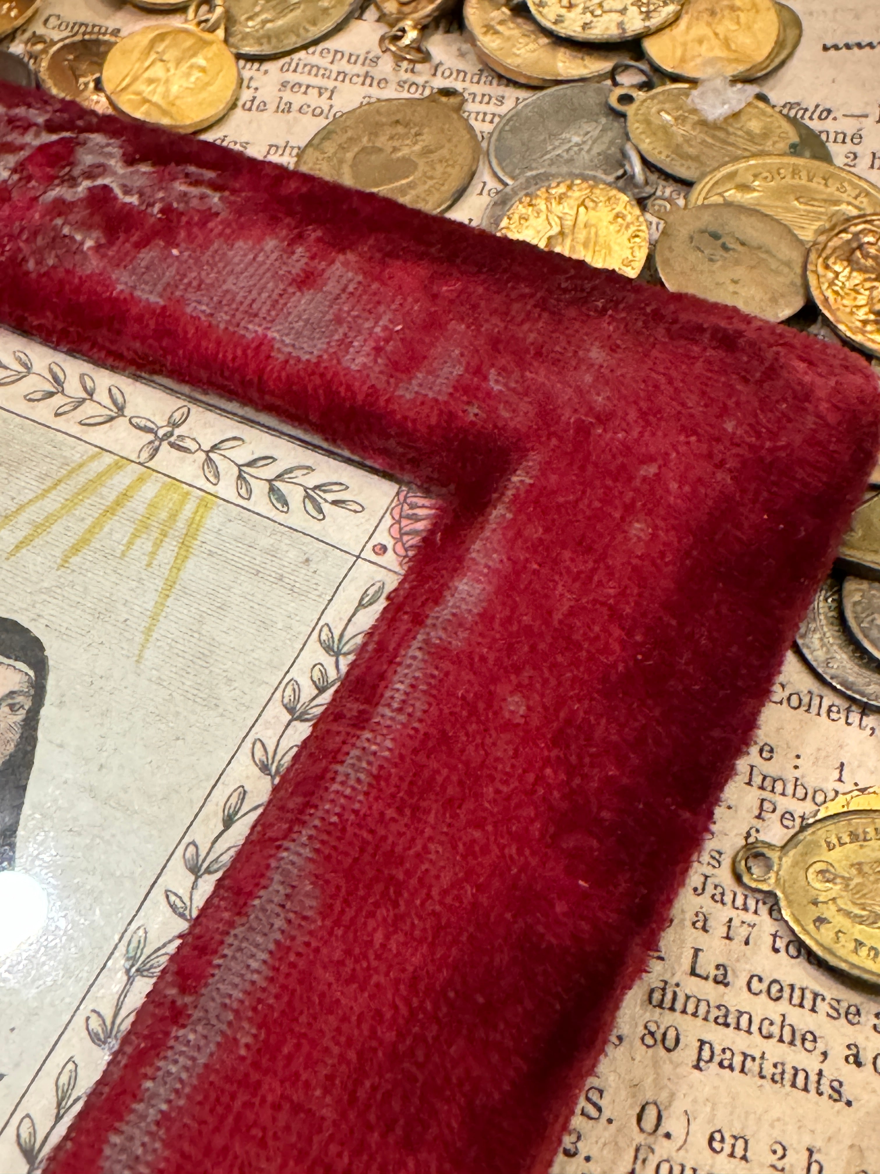 Early 1800s French Religious Icon - STE THERESE in Red Velvet