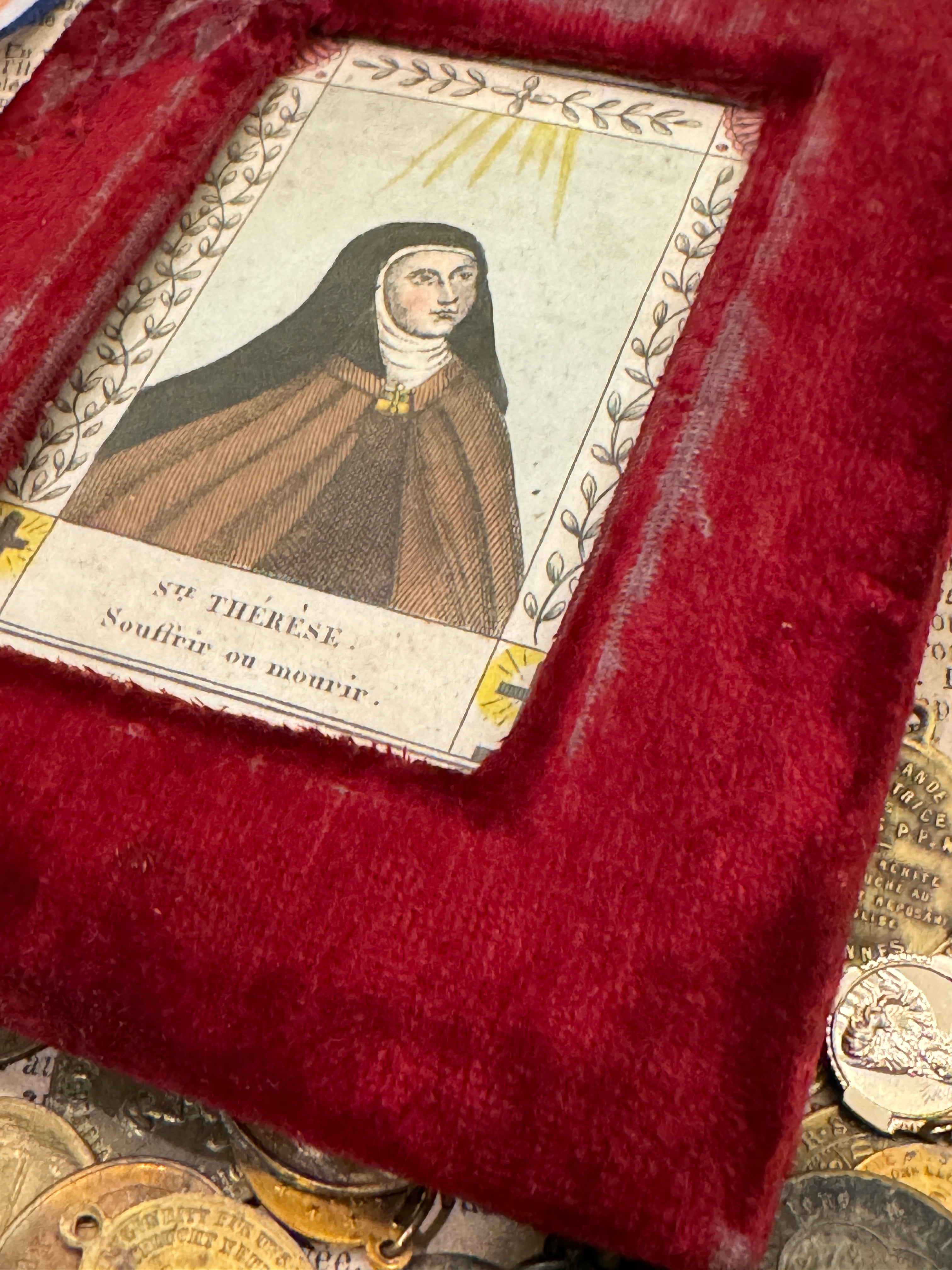 Early 1800s French Religious Icon - STE THERESE in Red Velvet