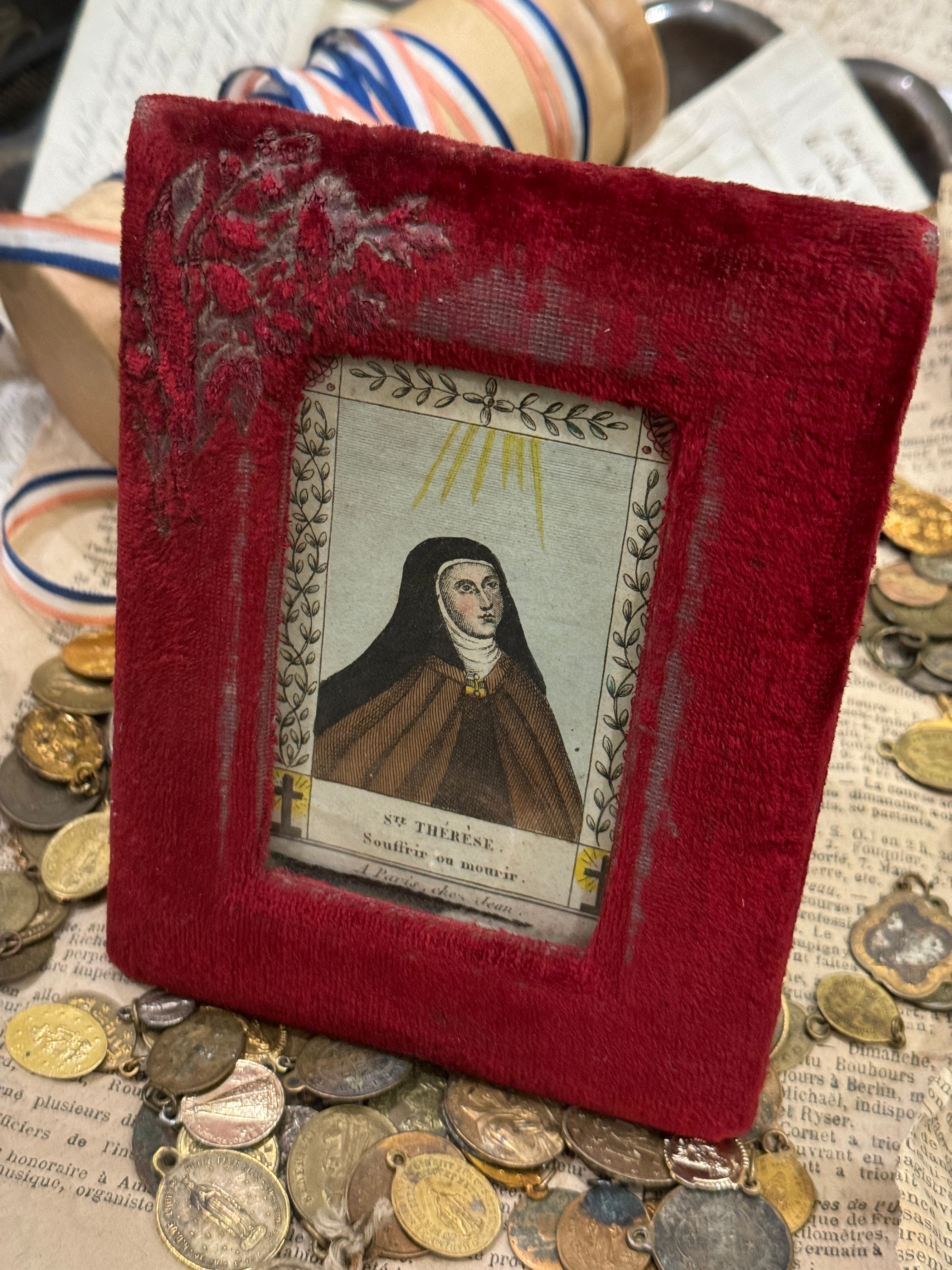 Early 1800s French Religious Icon - STE THERESE in Red Velvet