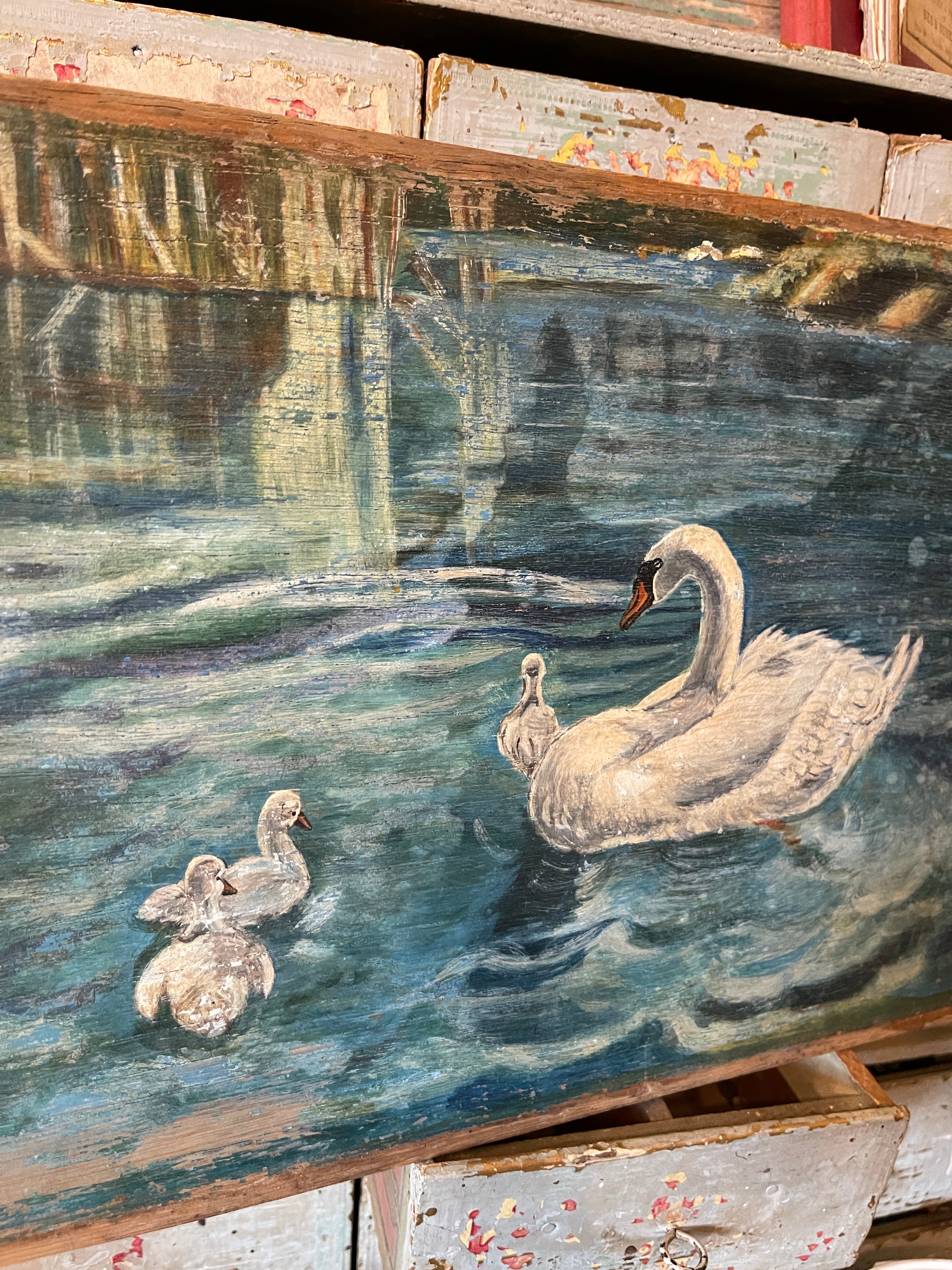 Original Antique French "Swan Lake" Oil Painting