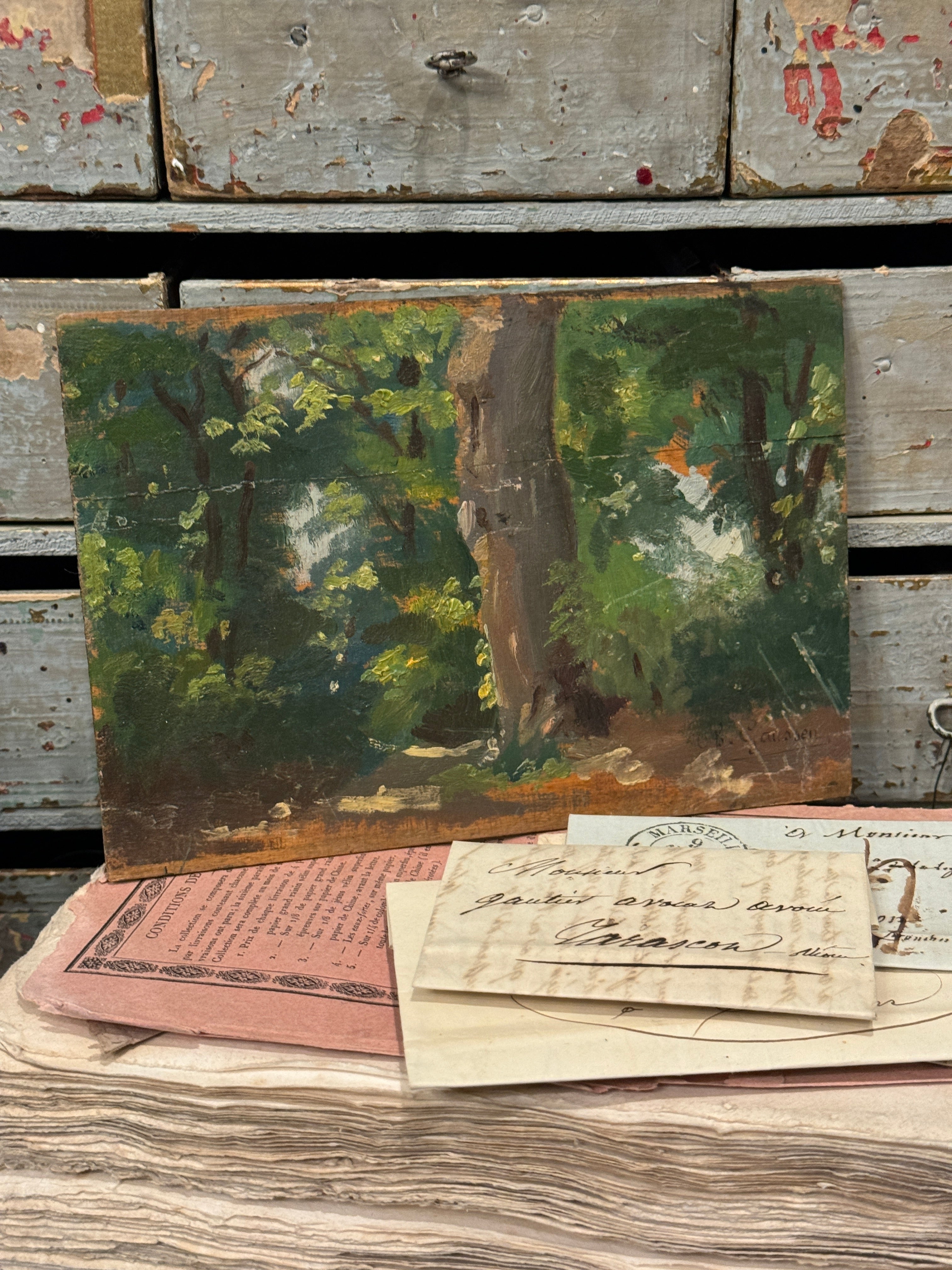 Darling Antique Timeworn French Forest Painting