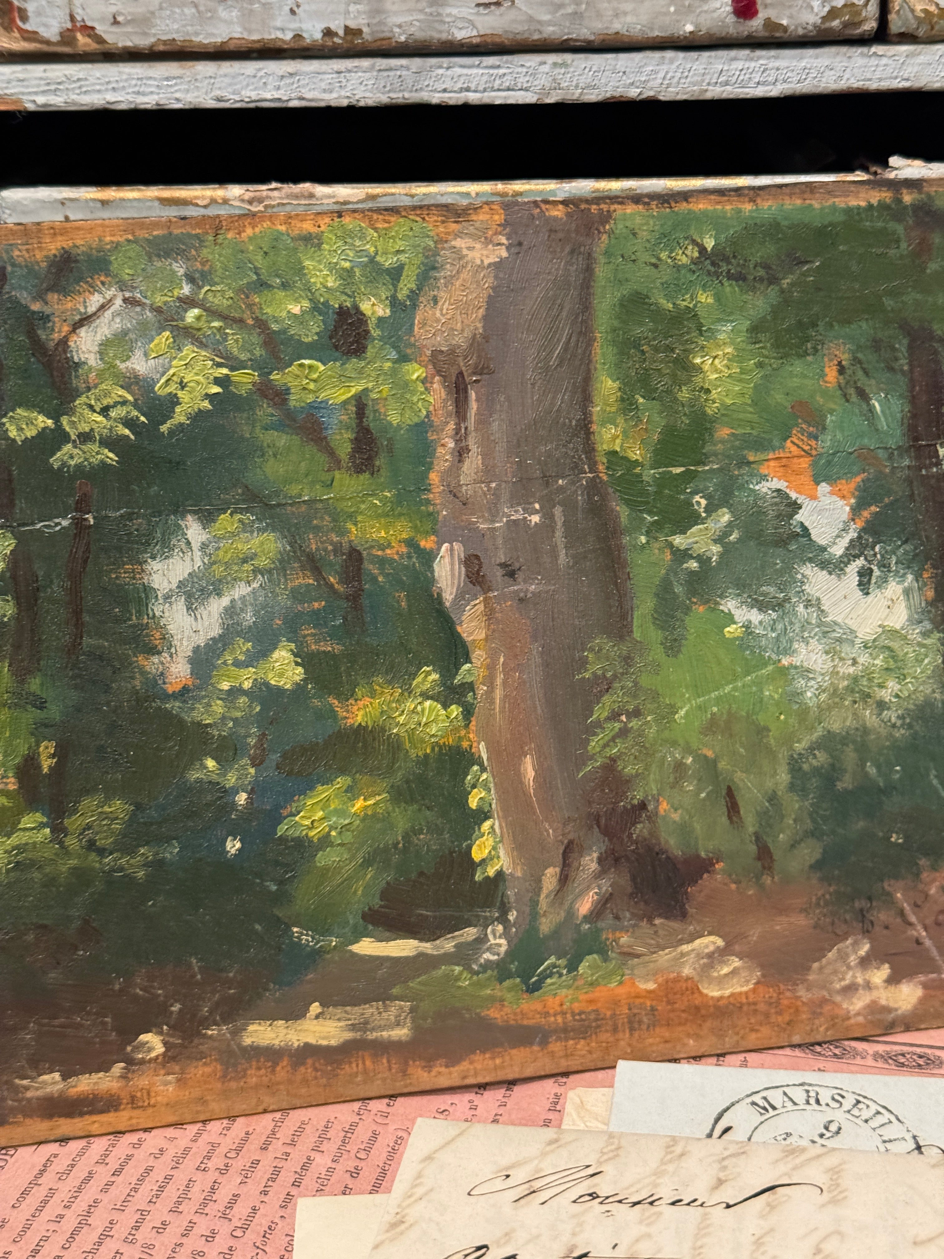 Darling Antique Timeworn French Forest Painting