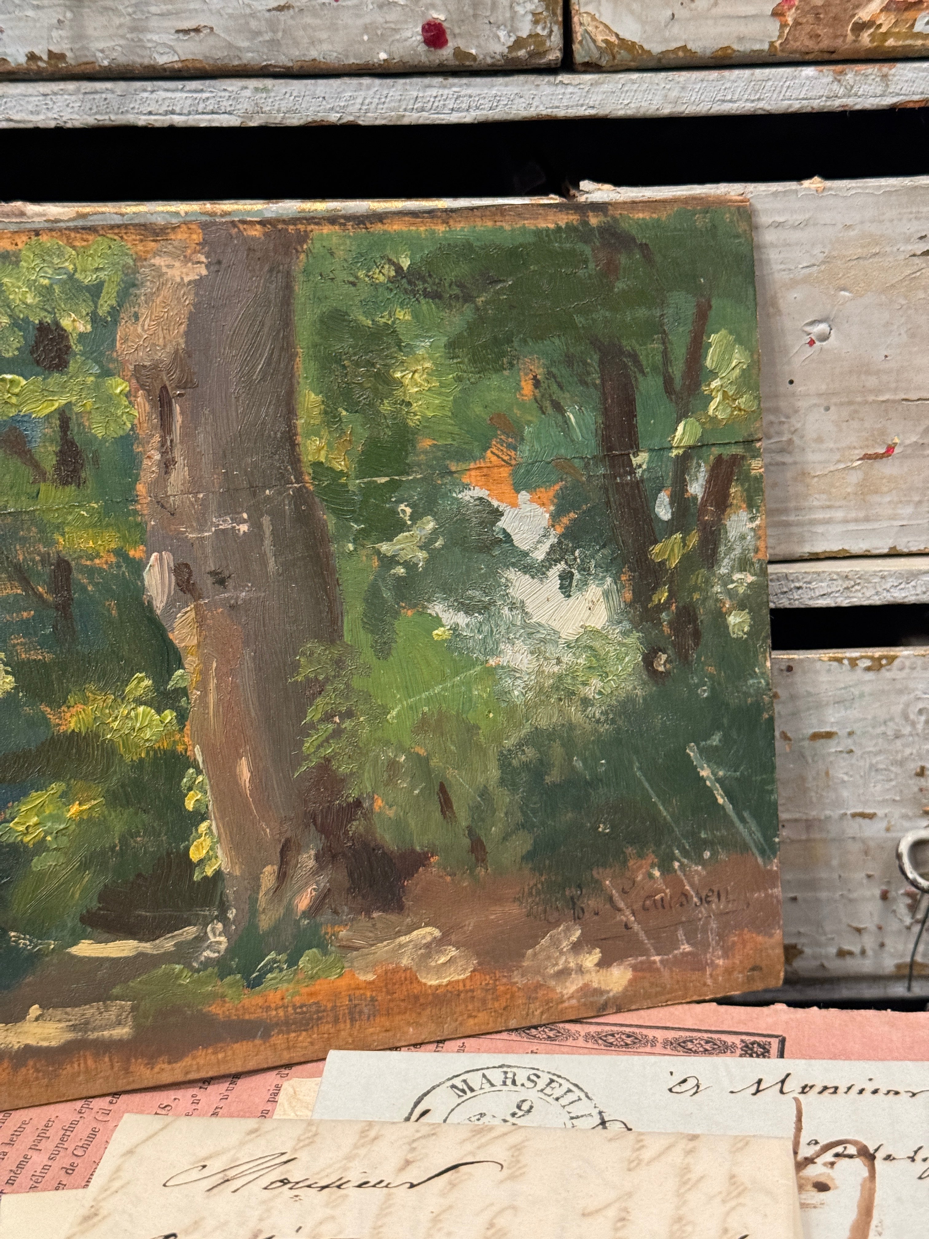 Darling Antique Timeworn French Forest Painting