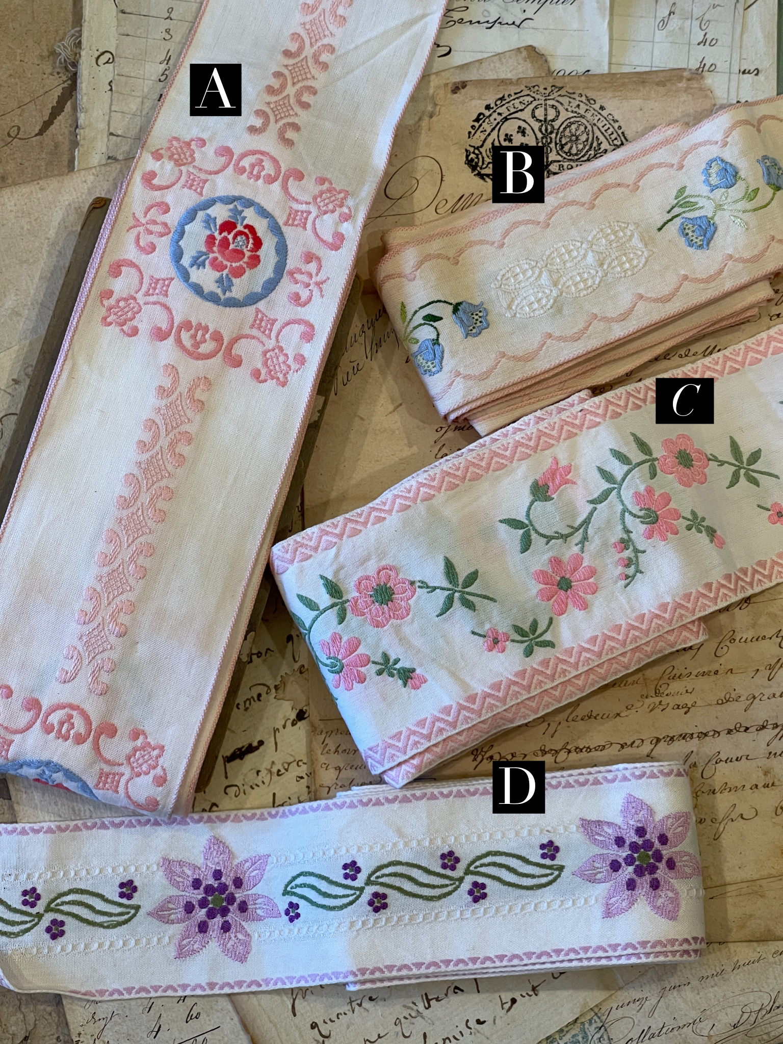 Vintage French Embroidered Pink & Purple Ribbon Trims