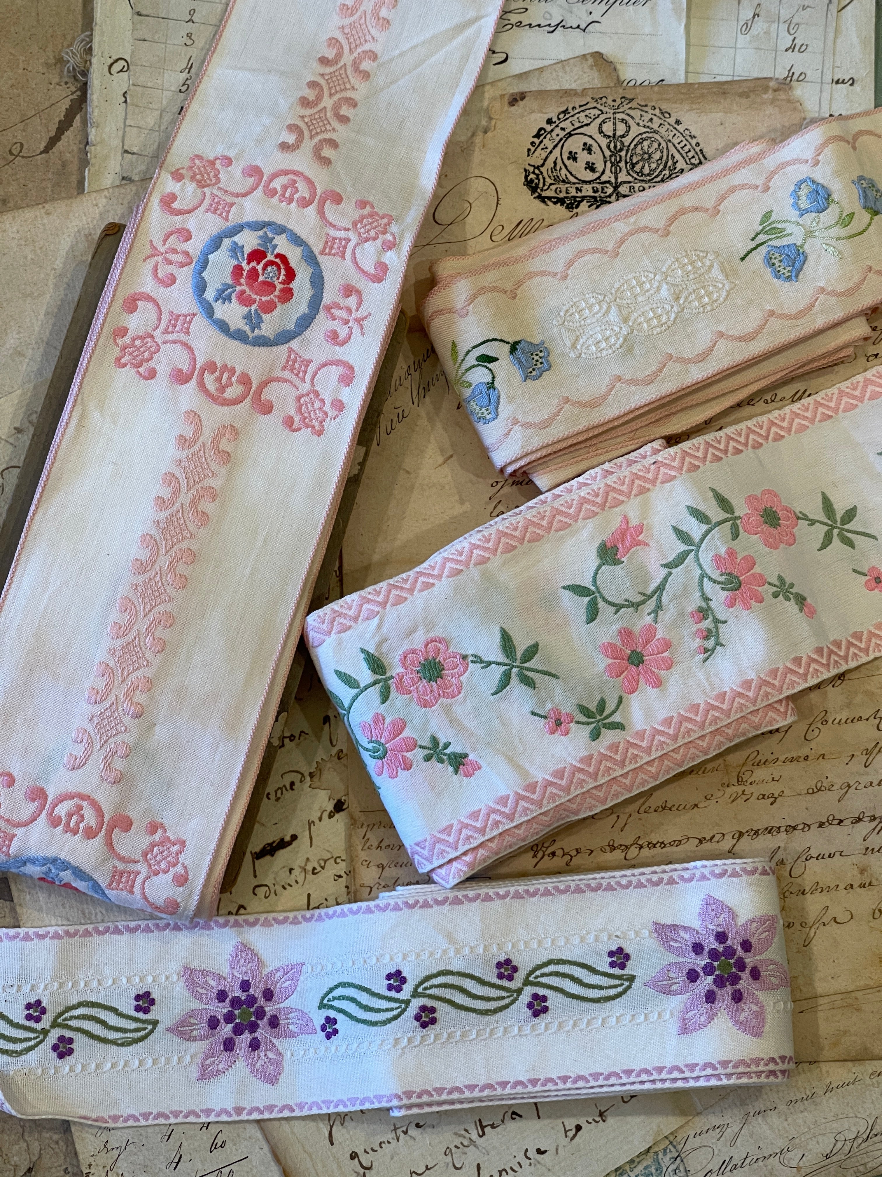 Vintage French Embroidered Pink & Purple Ribbon Trims