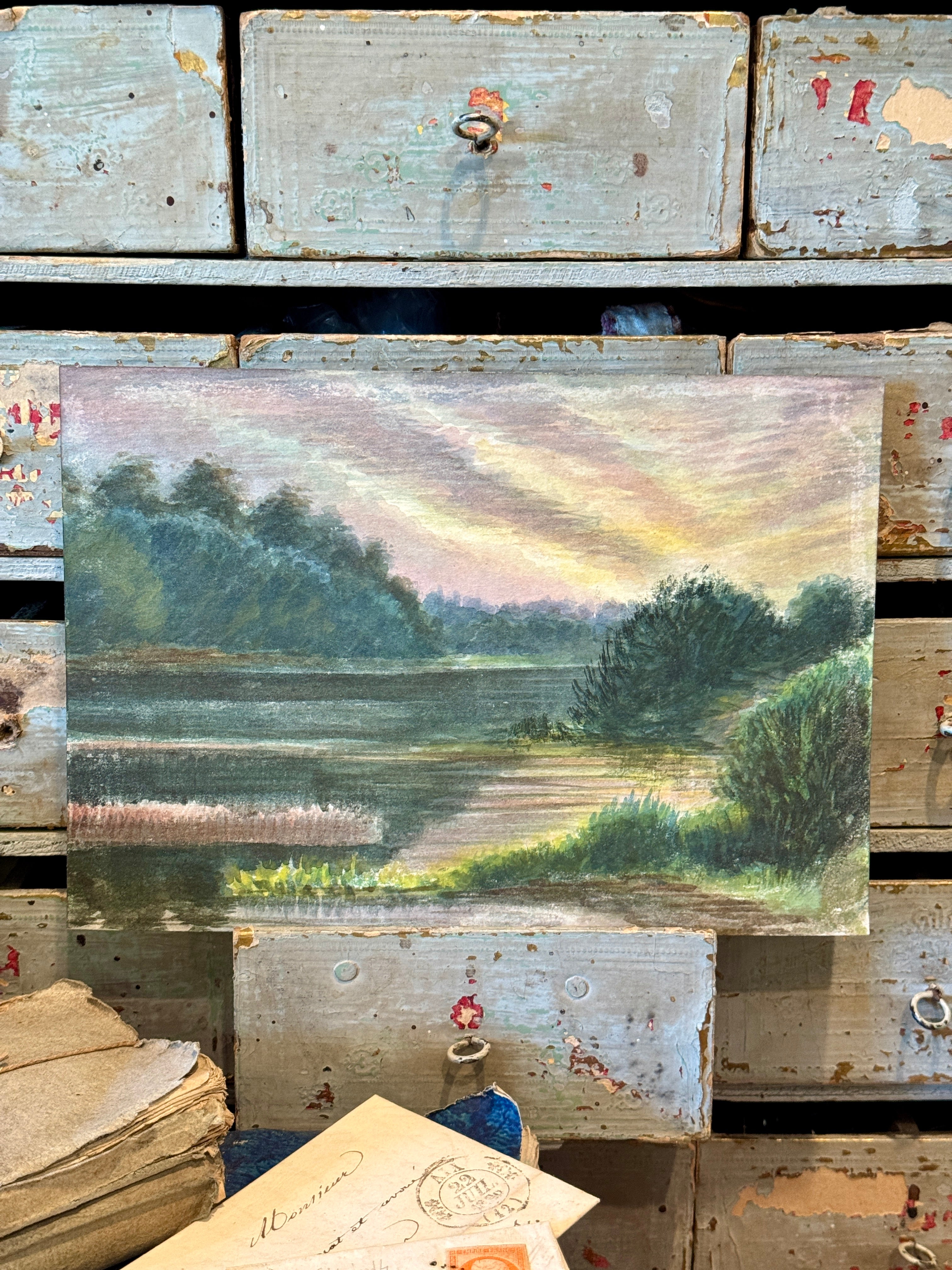 Antique Original 1800s Double-Sided French Watercolor