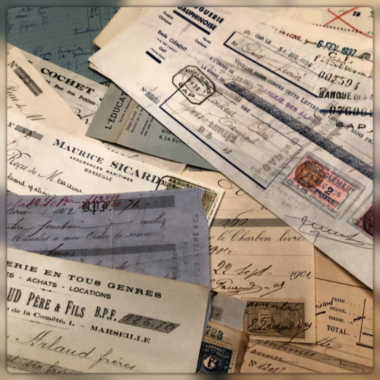 Set of 5 Assorted Antique French Receipts