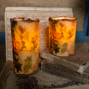 Flameless LED 4" or 6" Holly Berries Pillar candle with timer - C125
