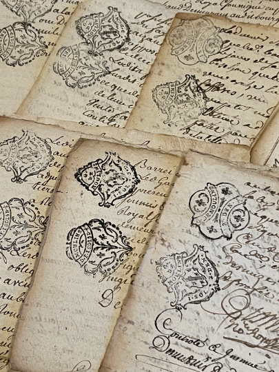 STUNNING 1700's Double Stamped Antique French Script Document Pages
