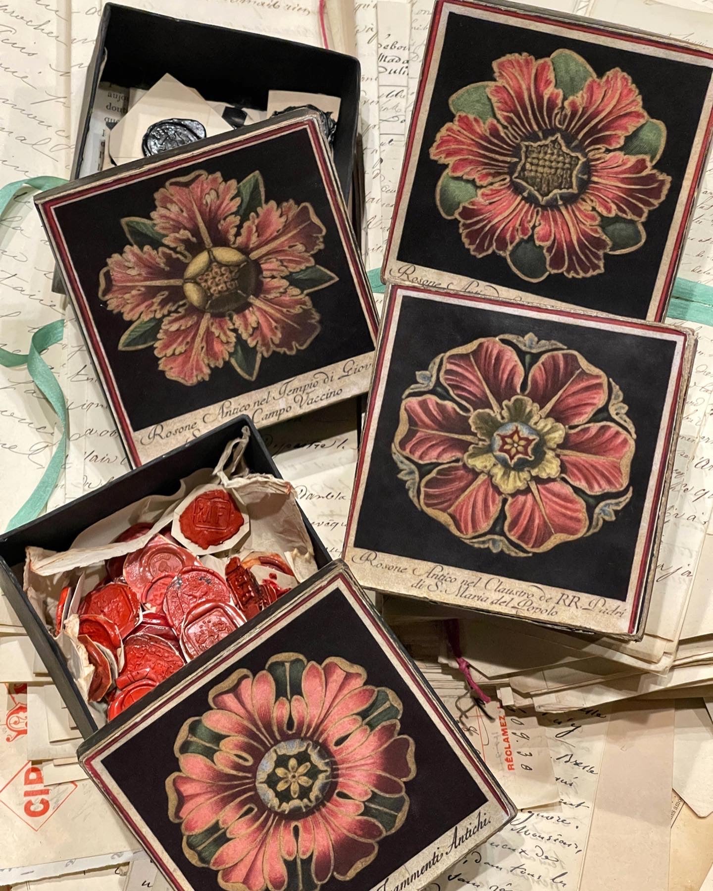 4" Square Italian Rosette Paper Mache Round Boxes