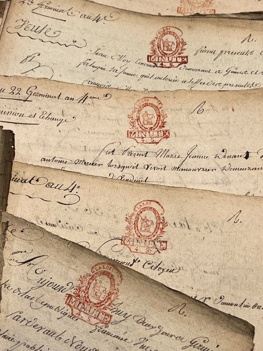Original 1700's ORANGE/RED Stamped Antique French Script Document Pages