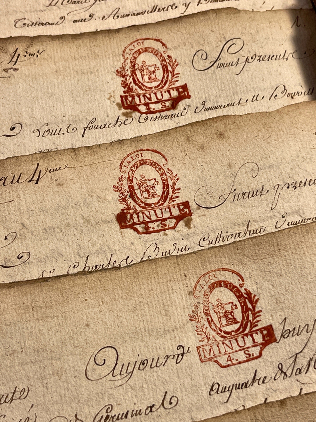 Original 1700's ORANGE?RED Stamped Antique French Script Document Pages