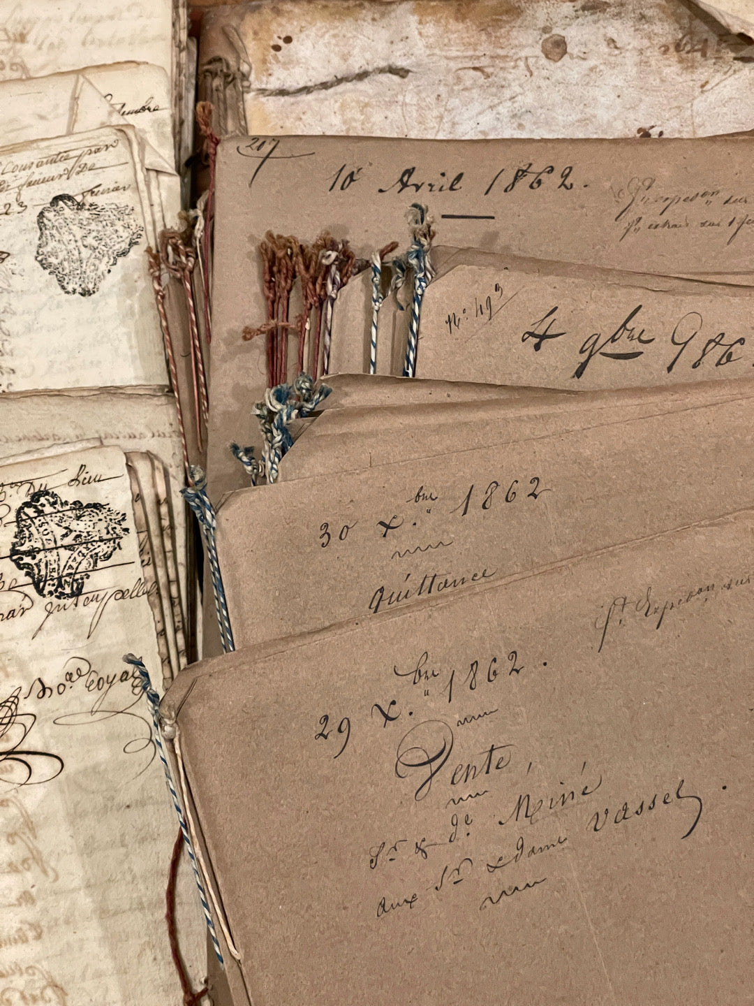 Antique 1860's French Calligraphy Pages with Candy Cane Cord Piping in original folders