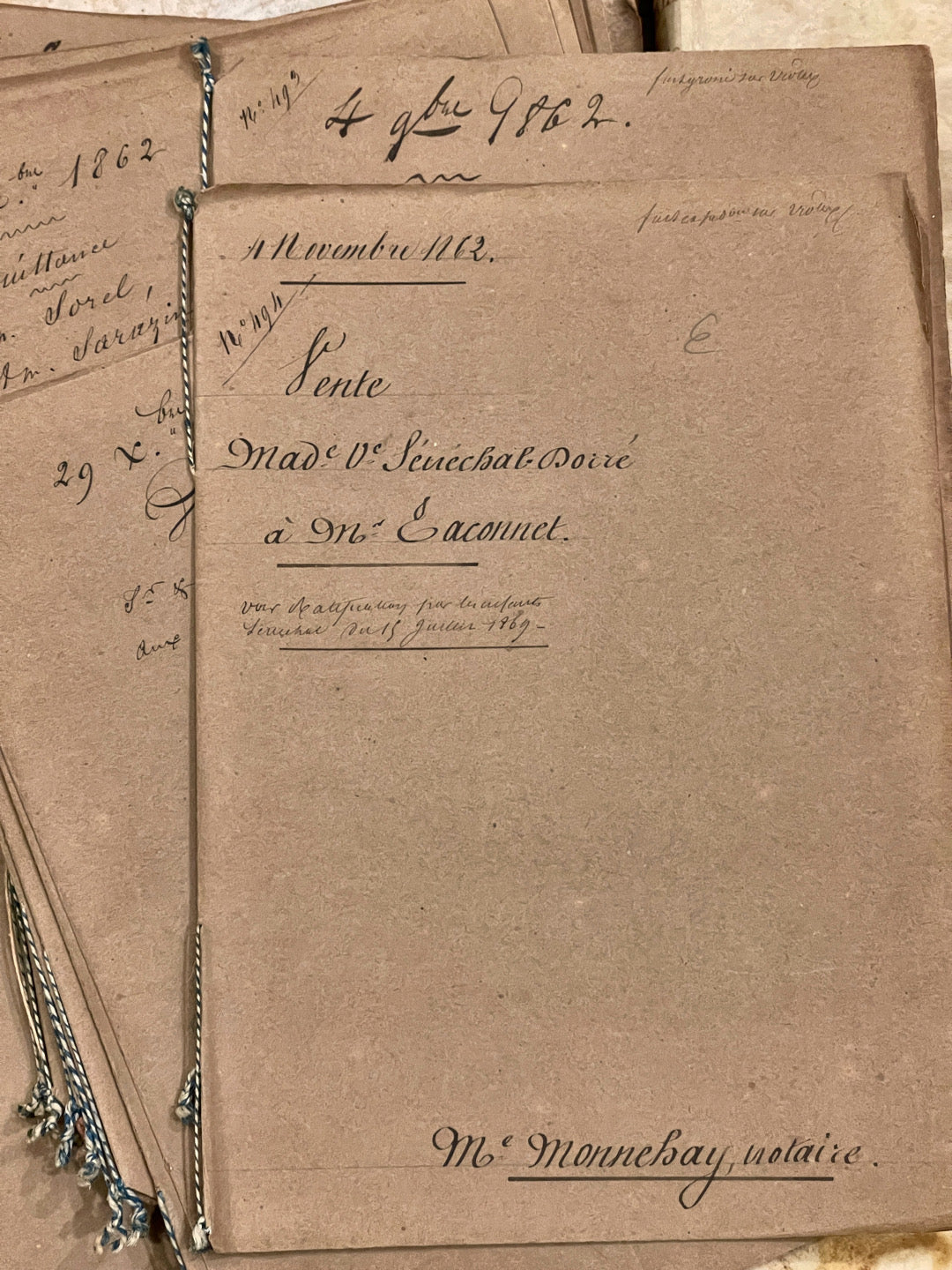 Antique 1860's French Calligraphy Pages with Candy Cane Cord Piping in original folders