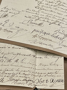 Antique 1860's French Calligraphy Pages with Candy Cane Cord Piping in original folders