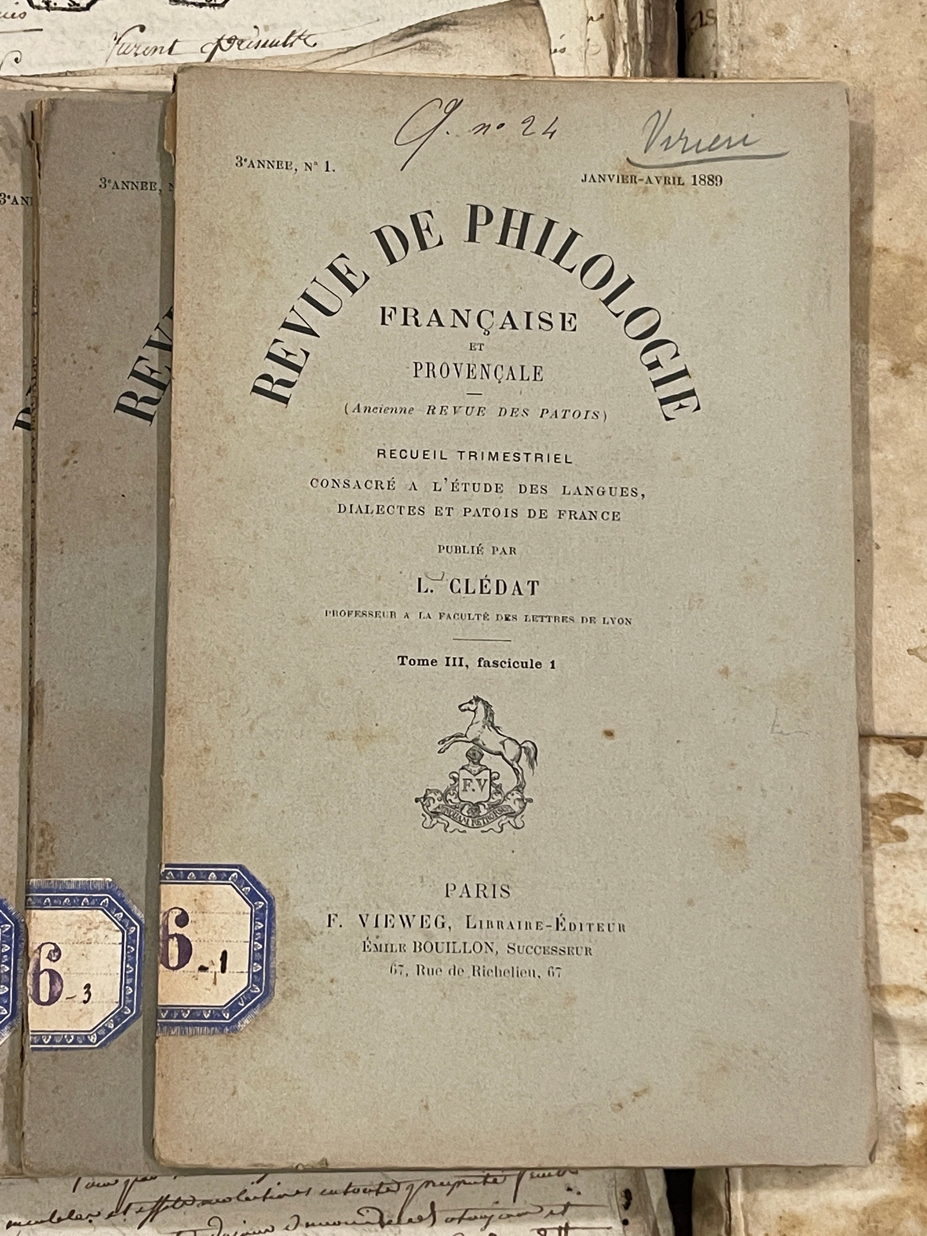 Antique French 1889 Revue De Philologie Books
