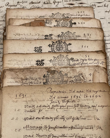 Original 1600's Stamped Antique French Script Document Pages
