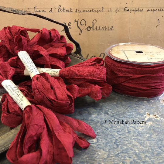 Distressed Aged Ribbon Cranberry Pudding Approximately 5 yards