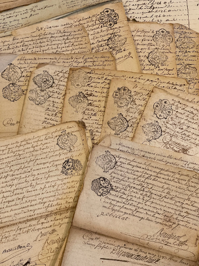 STUNNING 1700's Double Stamped Antique French Script Document Pages
