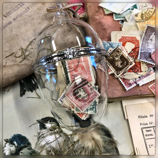 Ephemera Filled Glass Egg with Cord Hanger