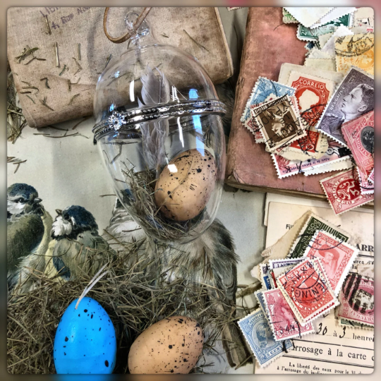 Ephemera Filled Glass Egg with Cord Hanger