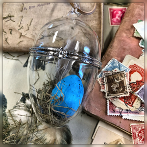 Ephemera Filled Glass Egg with Cord Hanger