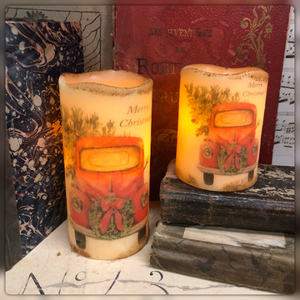 Flameless LED 4" or 6" Holiday Red Truck Pillar candle with timer - C376